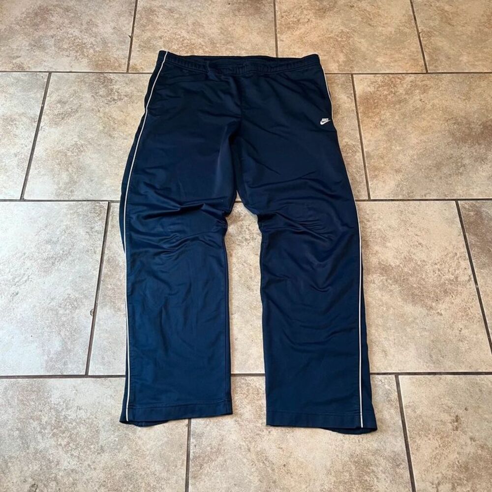 Vintage Nike Men's Track Pants Navy Blue White Piping Open Hem Swoosh Logo Size